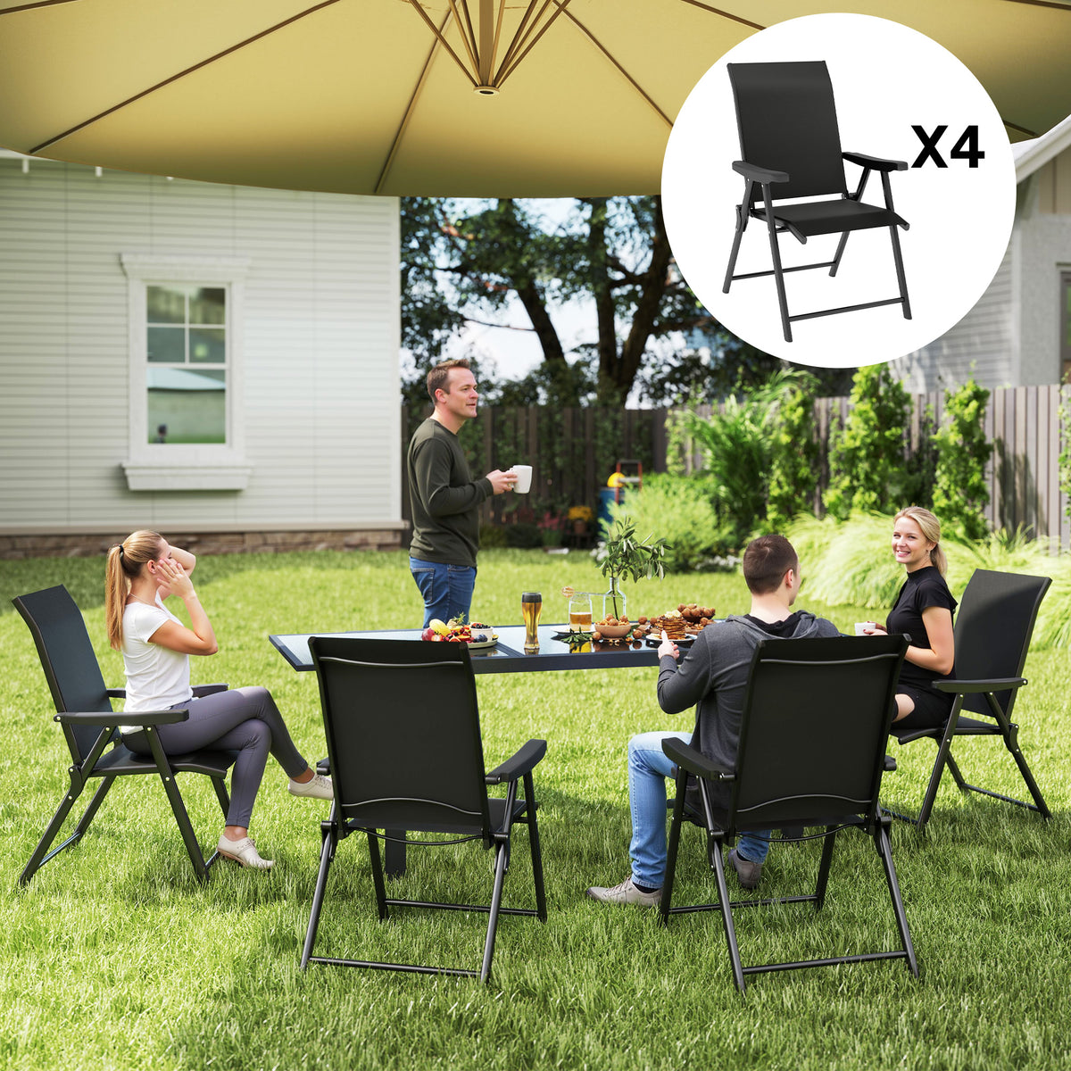Folding Chair W/ Breathable Mesh Fabric Seat | Set of 4 | Black