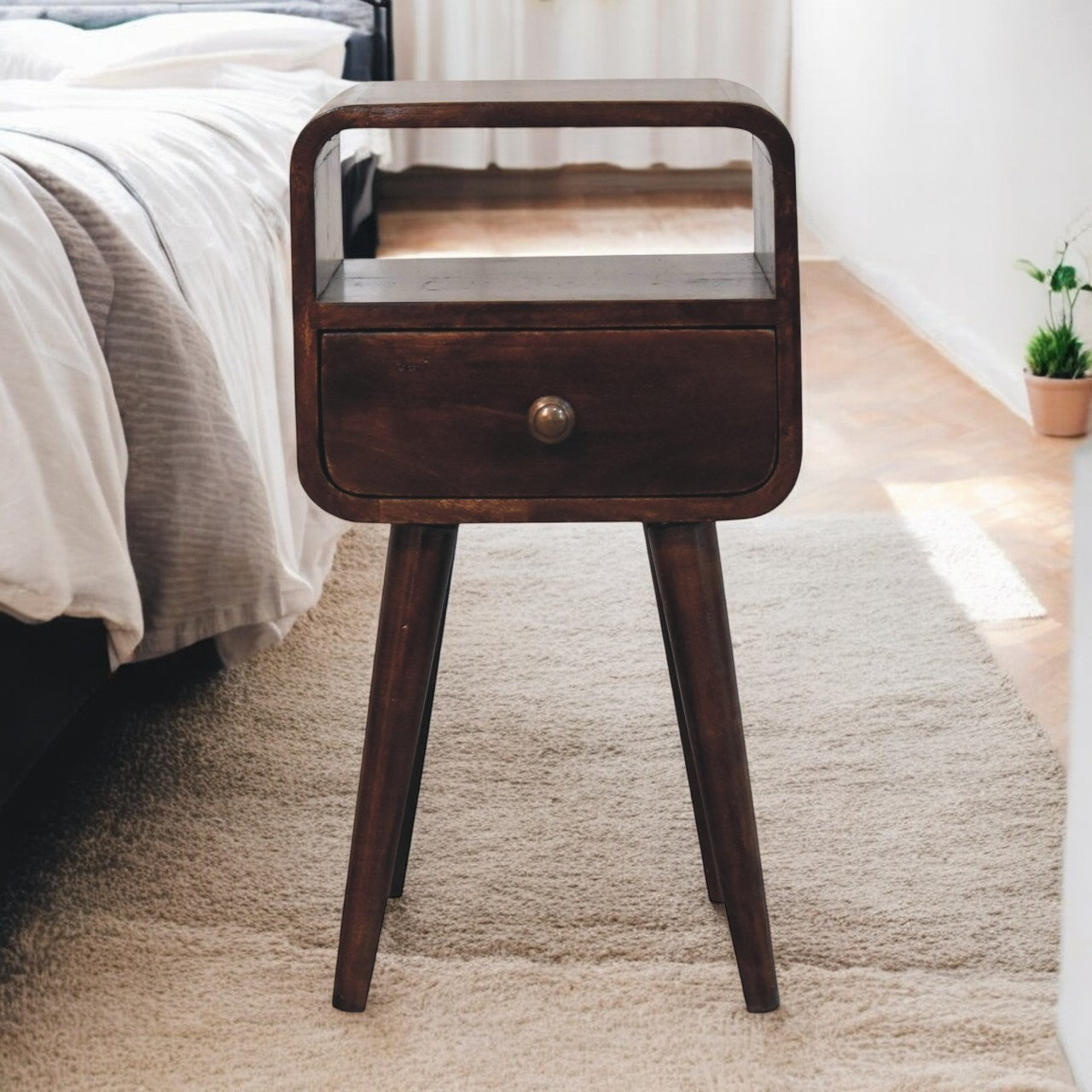 Solid Wood Mini California Walnut Curved Bedside With Open Slot