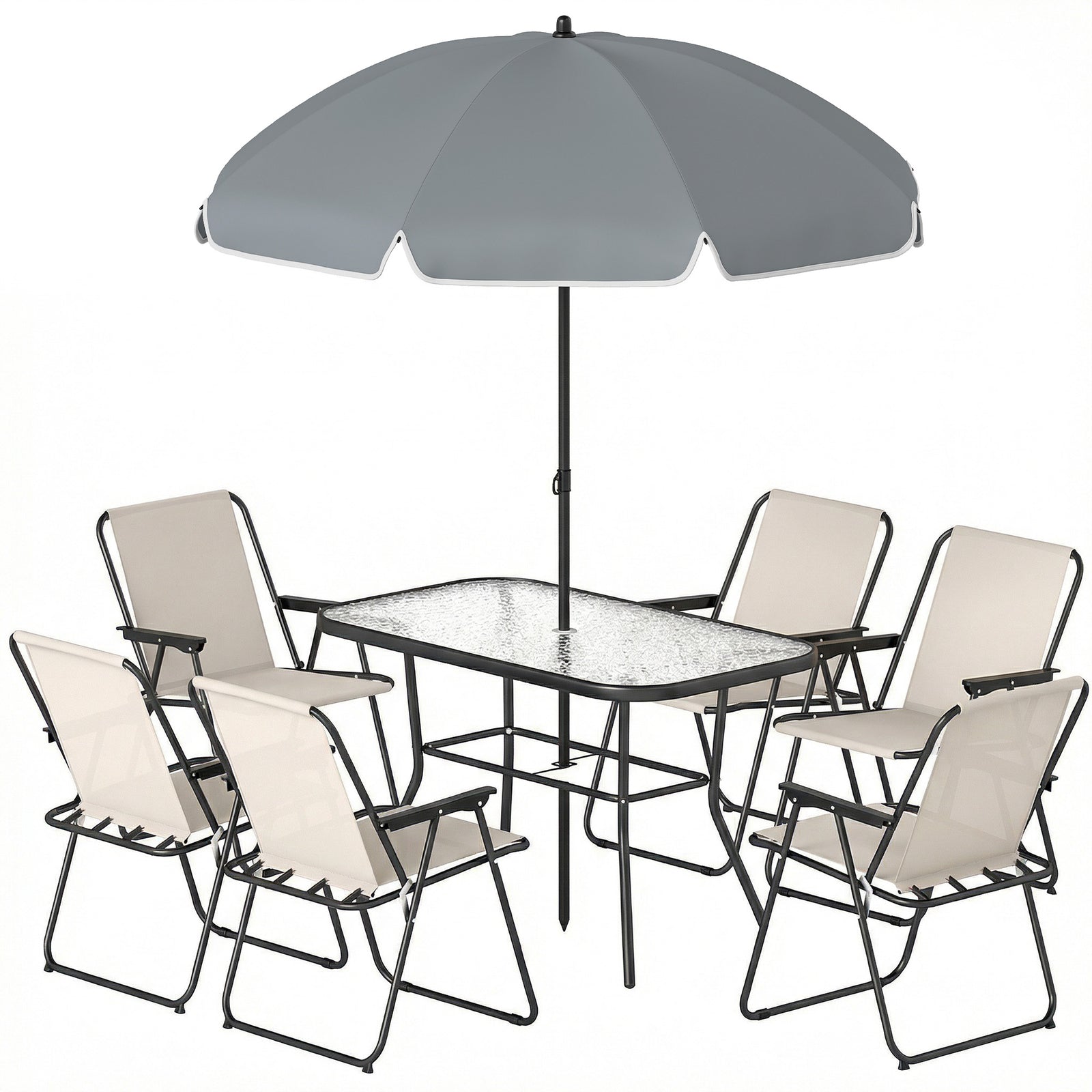 8 Piece Garden Dining Set With 6 Folding Chairs And Umbrella | Cream