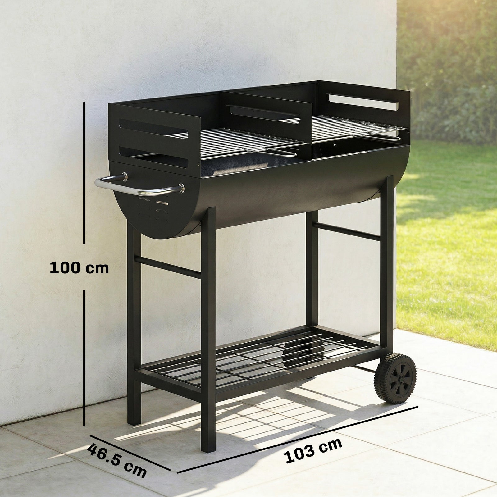 Outsunny Charcoal Barbecue Grill With 2 Cooking Areas, Wheels