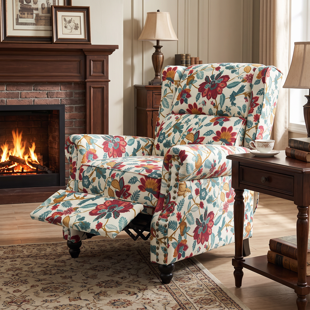 Breeins Floral Linen Upholstered Recliner Chair With Footrest & Adjustable Backrest