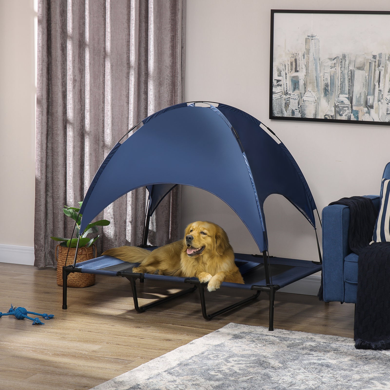 Pawhut 122cm Elevated Dog Bed Cooling Raised Pet Cot Uv Protection Canopy | Blue