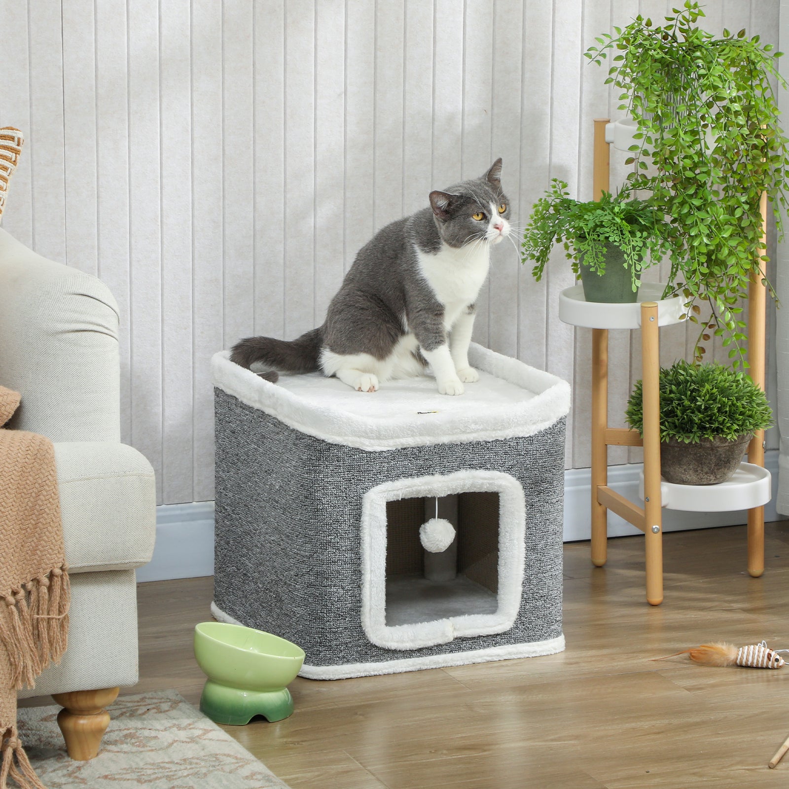 Cat House For Indoor Kittens, 2-level Cat Cave Bed, Grey
