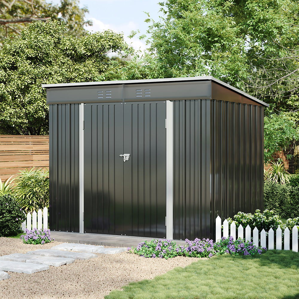 6x8ft Metal Storage Shed Black Galvanized Steel Tool House With Foundation, Double Lockable Doors, Ventilation