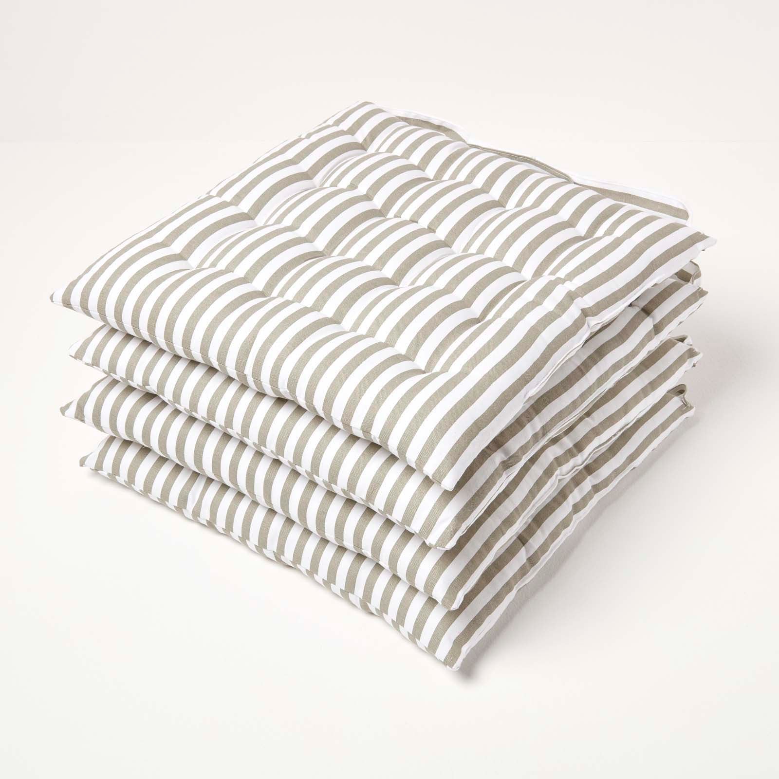 Striped Seat Pad With Straps 100% Cotton, 40 X 40 Cm | Set-of-4 | Grey & White