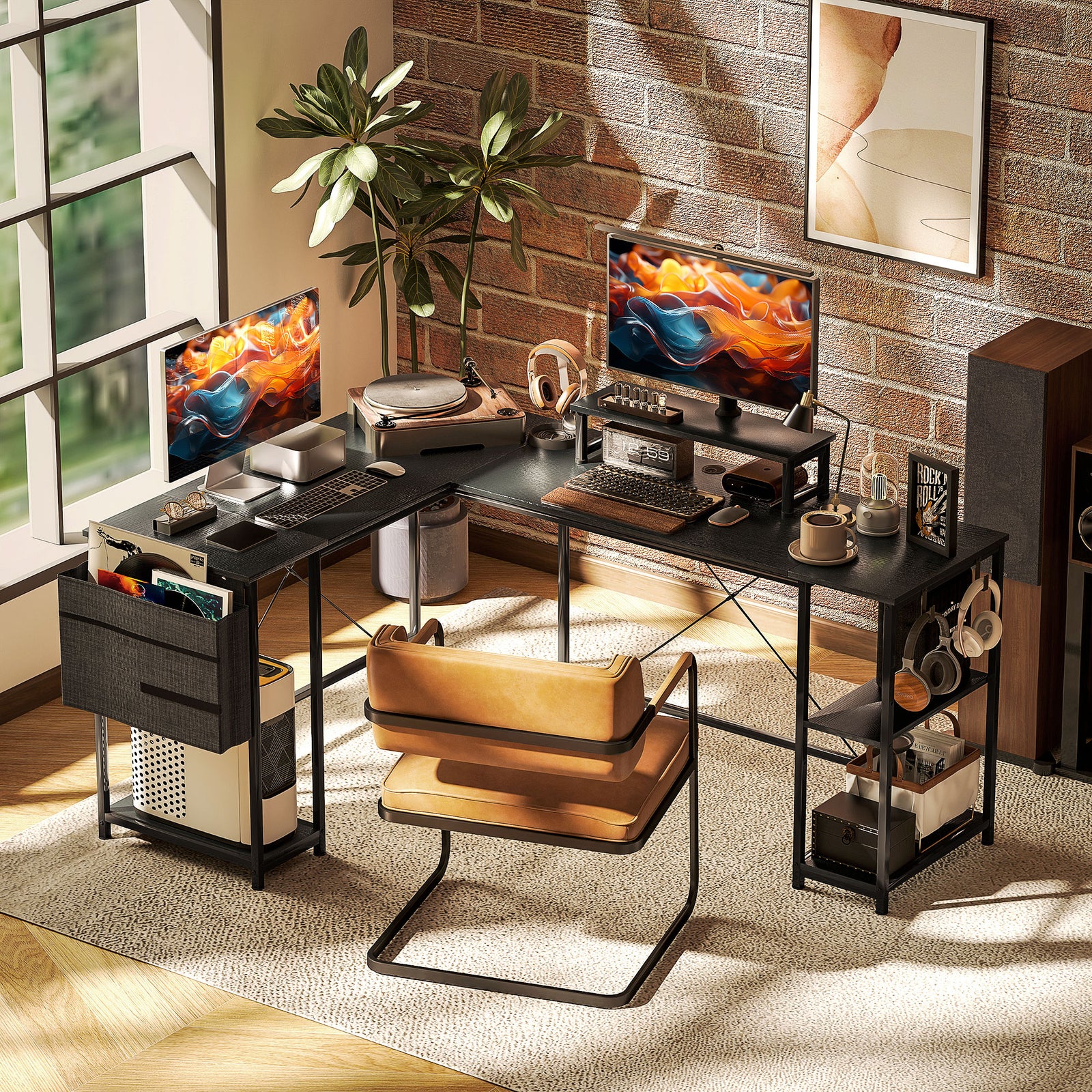 168cm Reversible L Shaped Desk, 240cm Two Person Desk | One Size | Black
