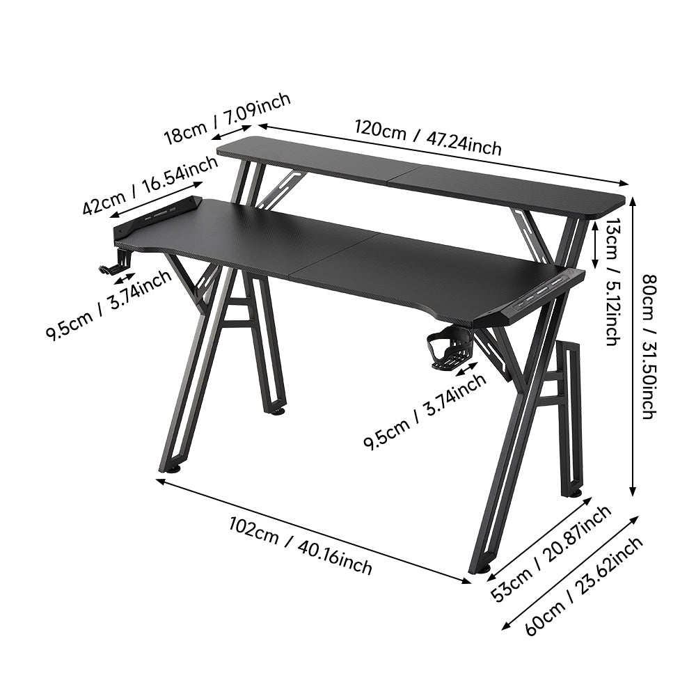 2-tier Gaming Desk With Mouse Pad, Cup Holder & Headphone Hook Sturdy Computer Table With Rgb Led Lights, App & Remote Control 120/140/160cm W | Small