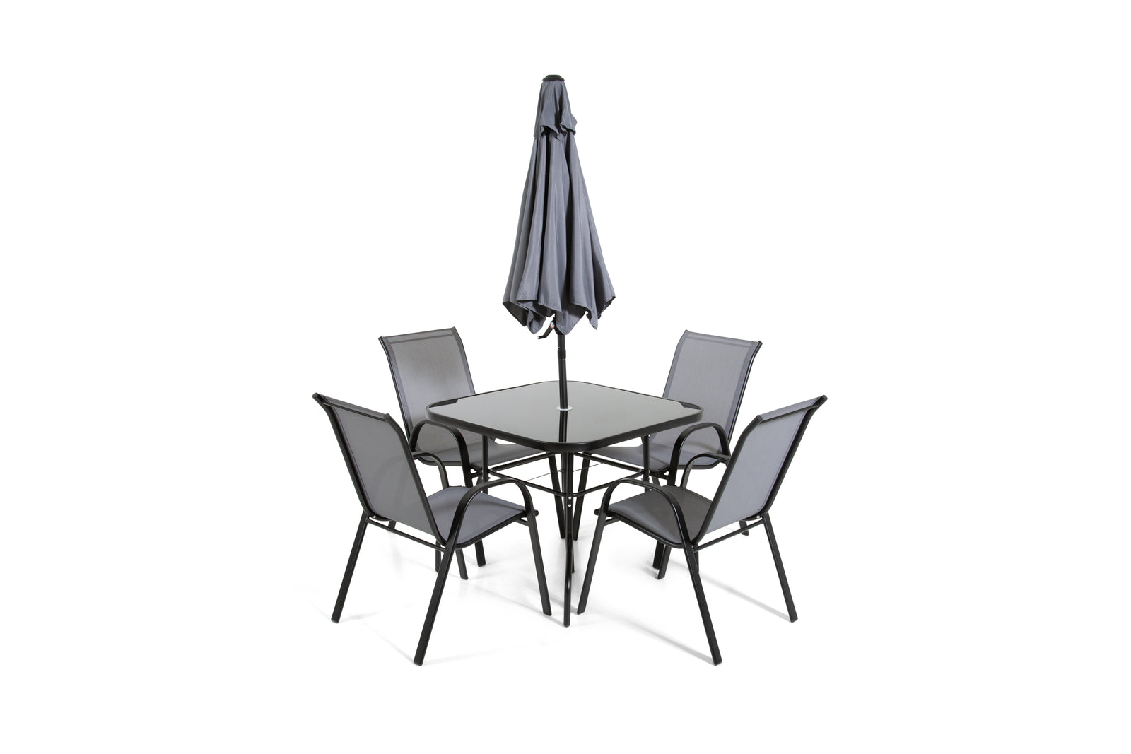 The Lancaster - Black And Grey Metal 4 Seat Garden Dining Set Including Parasol