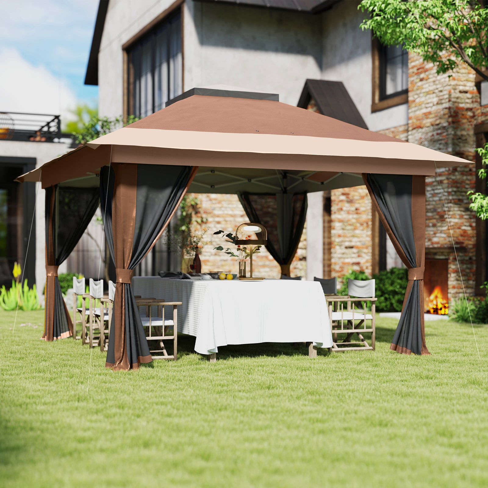 3.6x3.6m Pop Up Gazebo, Mesh Sides, Upf50+ | Brown