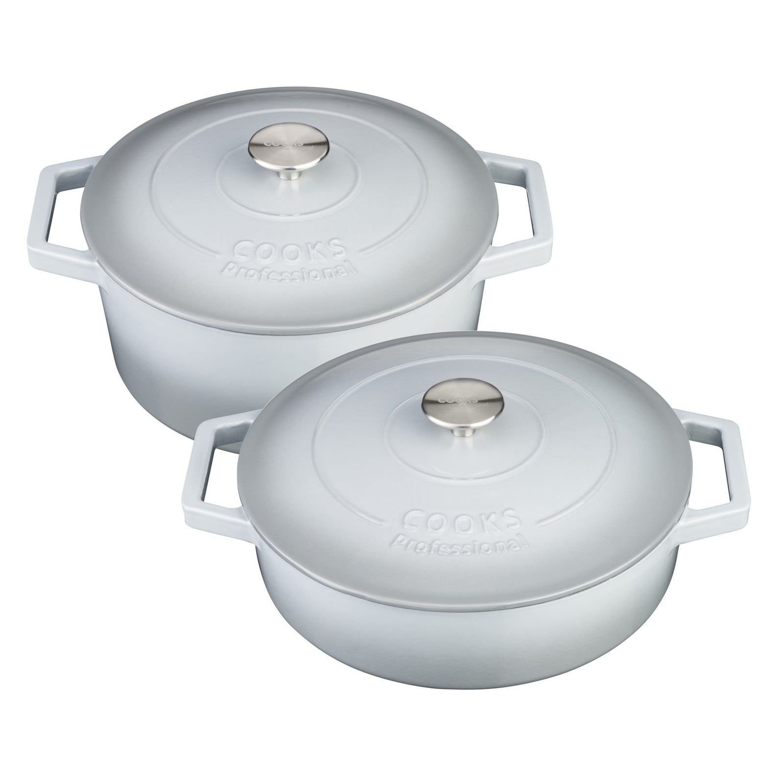 Cast Iron Casserole Set Of 2 26cm & 28cm / 4.3l & 5.8l Dishes Oven Proof Enamelled Cast Iron Pans With Lids | Gray
