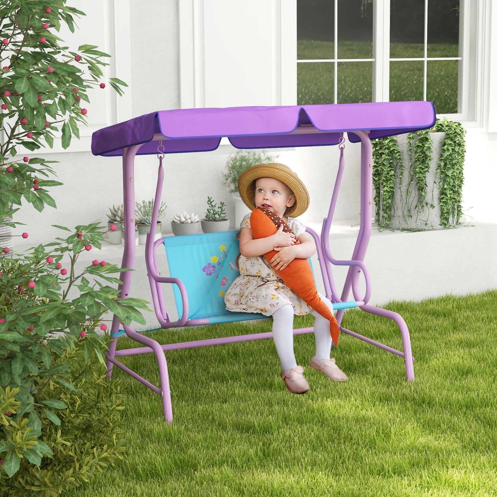 2 Seater Kids Swing Chair, Fairy-themed With Adjustable Canopy