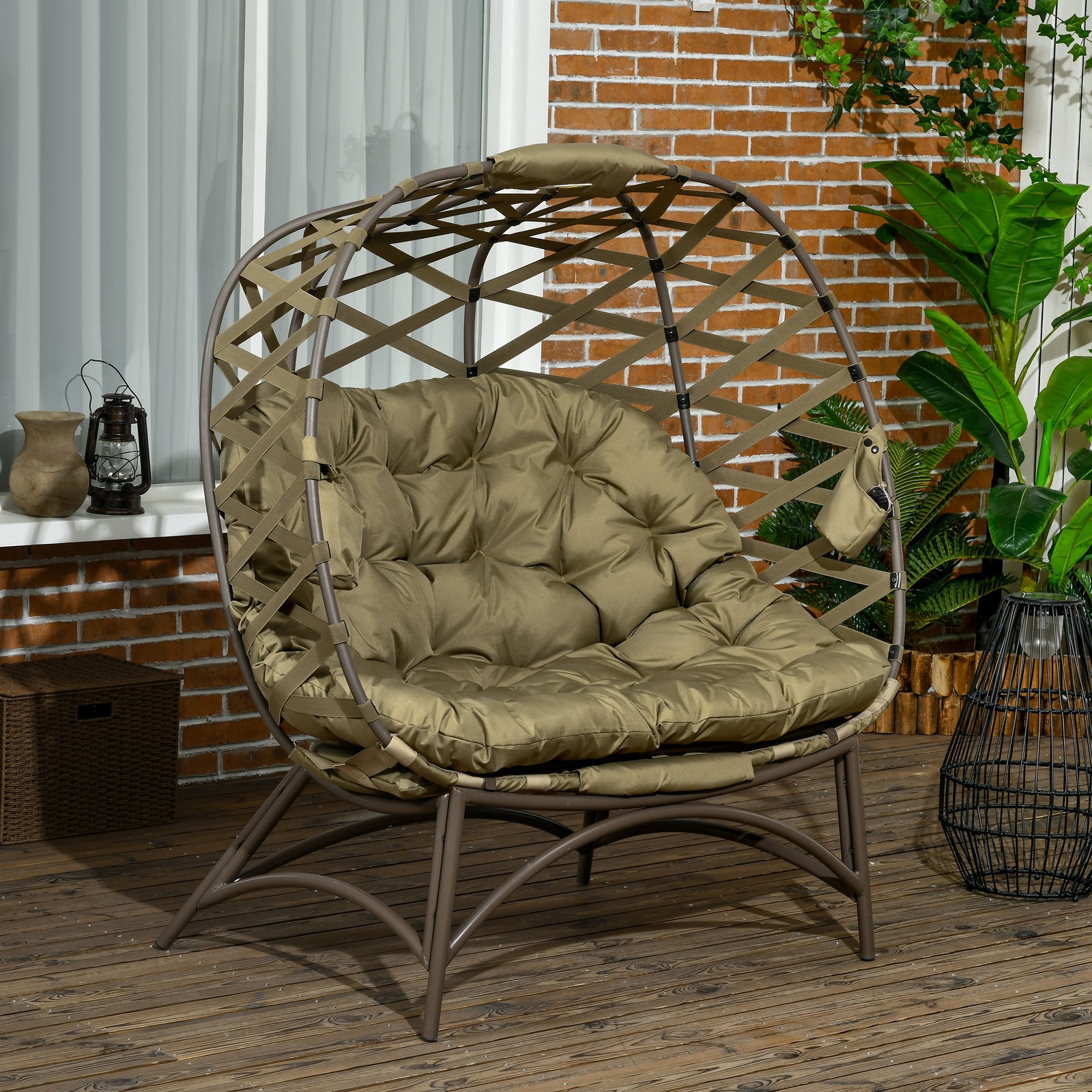 2 Seater Egg Chair Outdoor Garden Furniture Chair W/ Cushion | Khaki