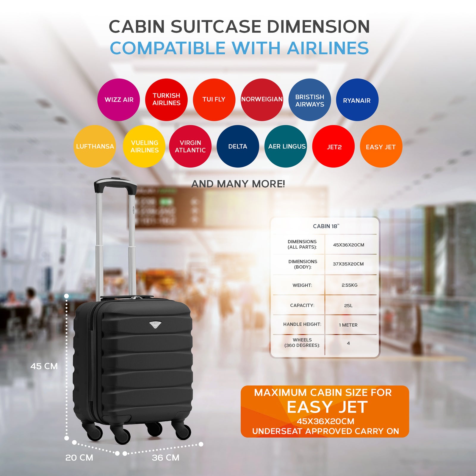 45x36x20cm Lightweight Underseat Cabin Carry On Suitcase - 100+ Airline Approved - Hard Shell Luggage - 4 Wheels | 45 x 36 x 20cm | Black & Silver