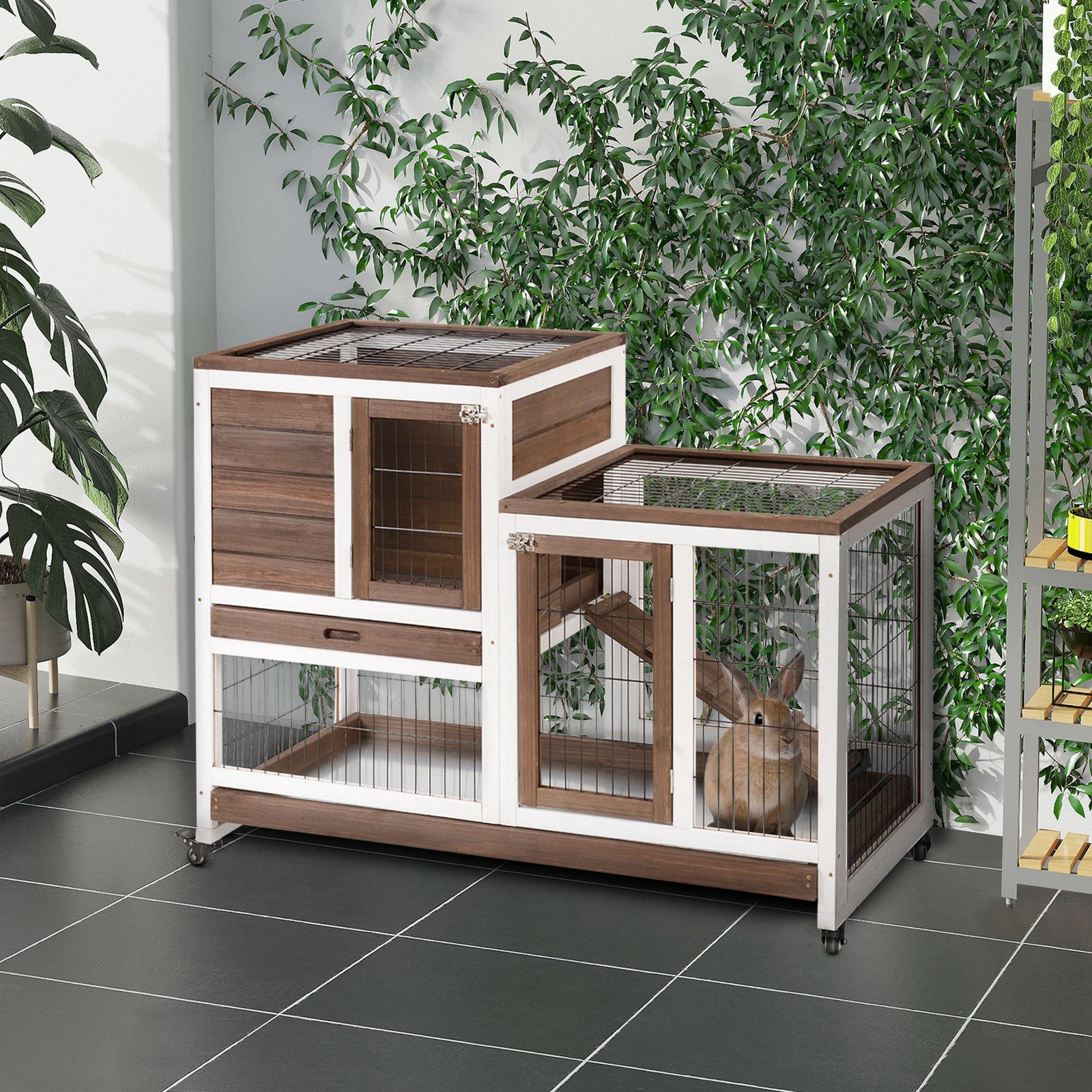 Wooden Indoor Rabbit Hutch Elevated Bunny Cage With Enclosed Run W/ Wheel | Brown