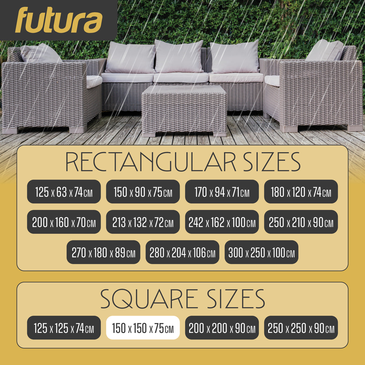 Premium Square Waterproof Garden Furniture Cover, Outdoor Patio Weatherproof Rattan Sofa Guard Cover | 150 x 150 x 75cm | Black