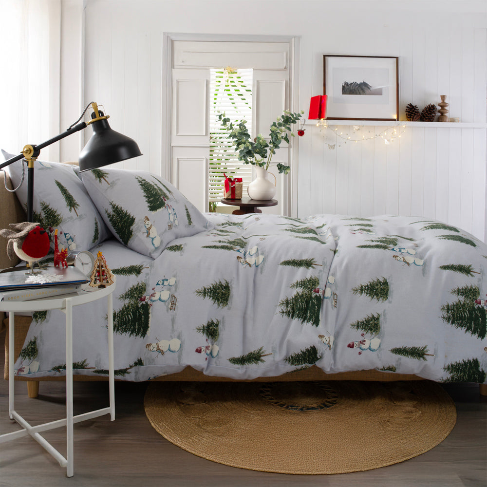 Snowman Printed 100% Brushed Cotton Duvet Cover Set | Super King | White