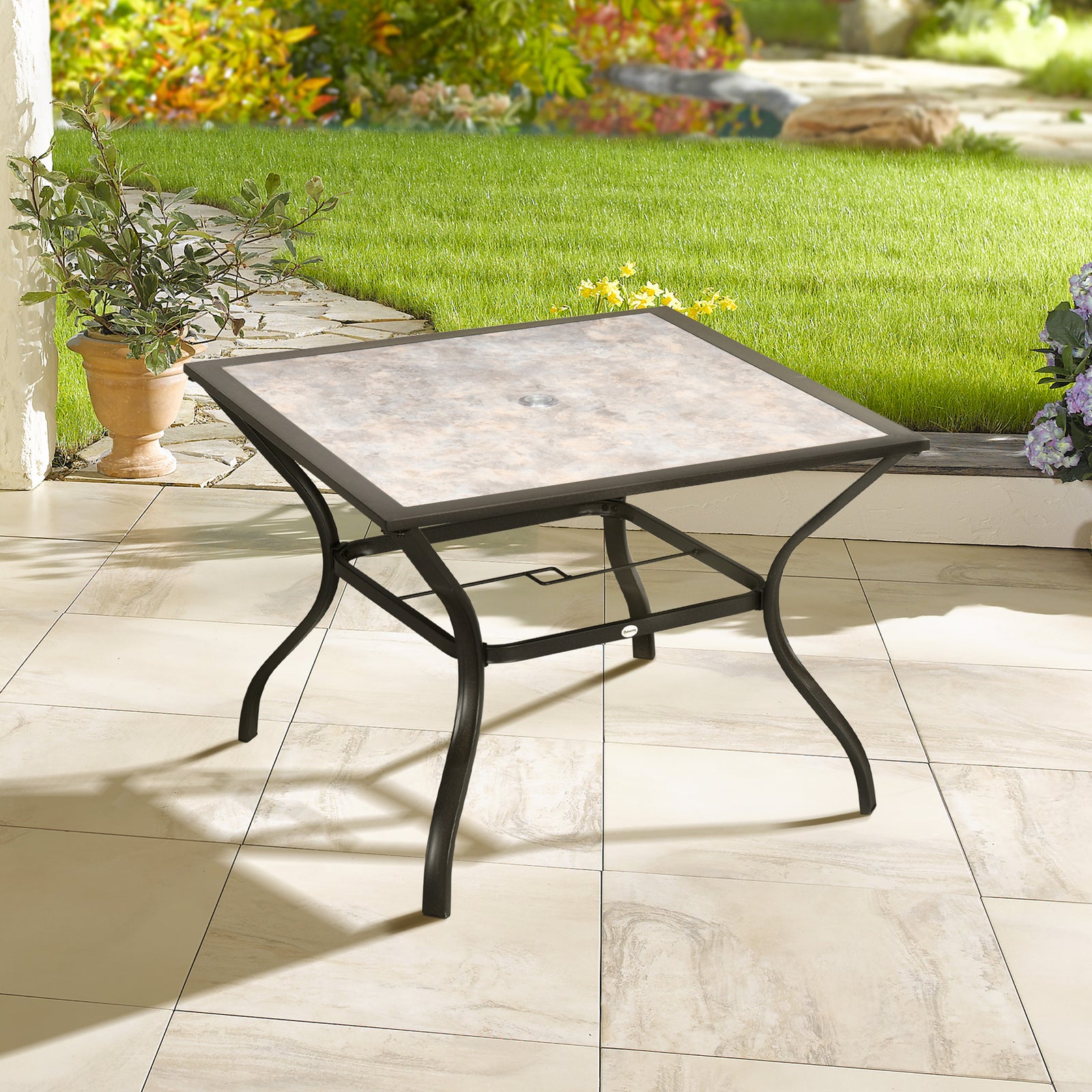 Garden Table W/ Pc Board Tabletop For 4, Parasol Hole