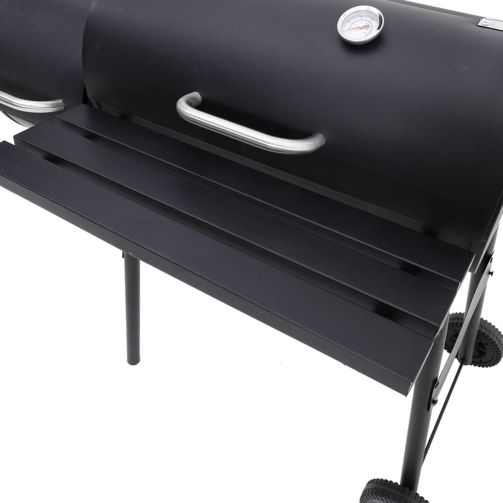 2-in-1 Charcoal Grill & Smoker Combo, Barrel BBQ with Offset Smoker, Outdoor Barbecue with Wheels, Thermometer & Side Shelf