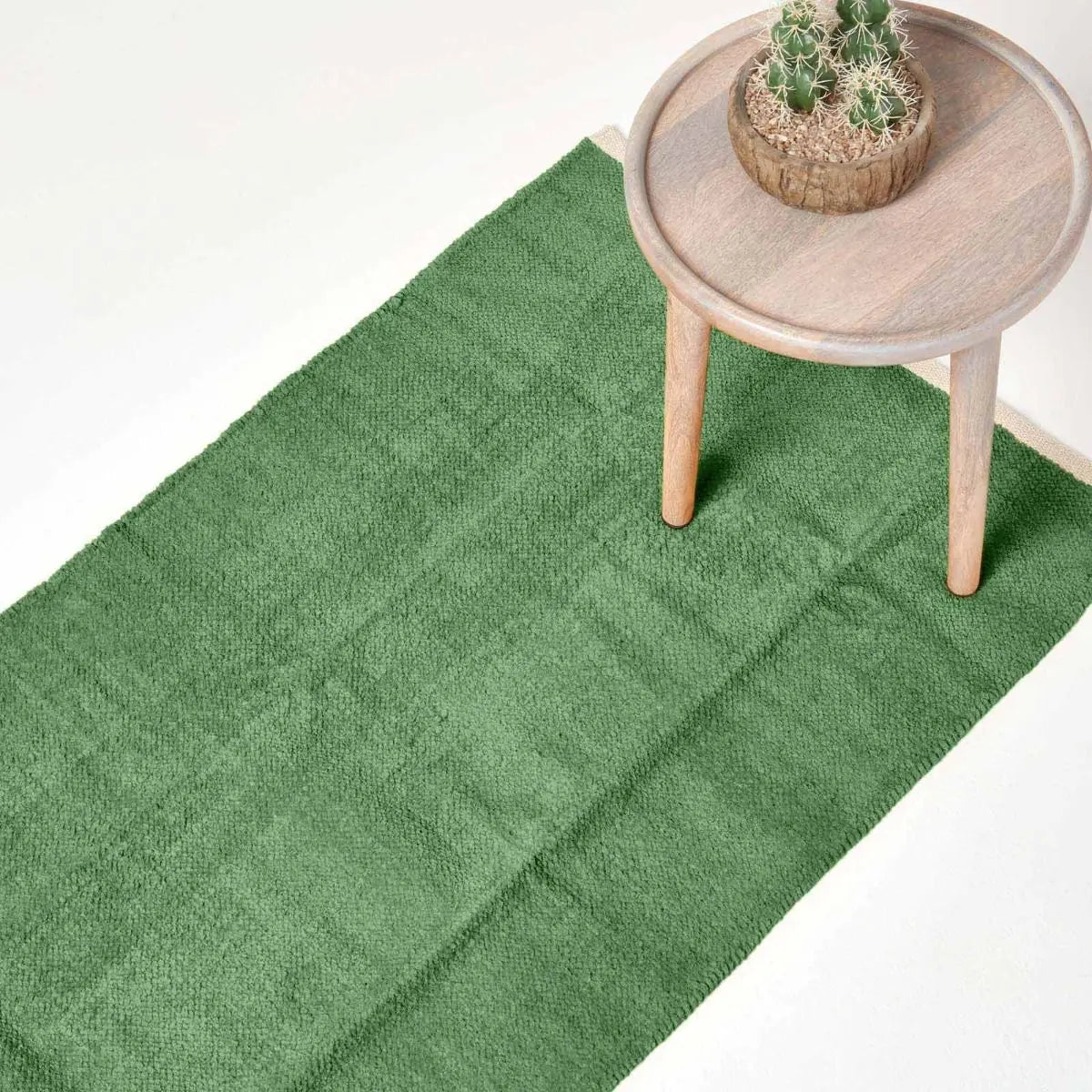 Plain Chenille 100% Cotton  Rug With Natural Trim | 200cm | Dark Olive