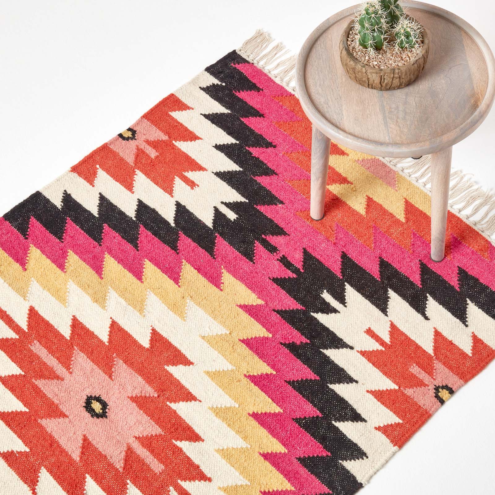 Jakarta Handwoven Geometric Kilim Wool Rug | 120cm x 180cm | Orange & Black