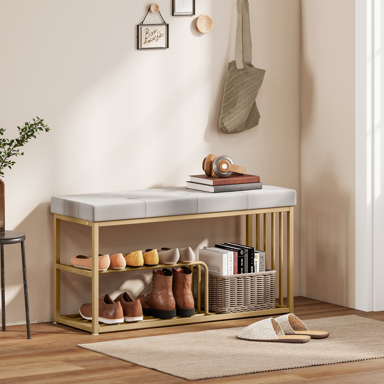 Shoe Storage Bench With Seat Cushion Tufted Shoe Rack Bench | Grey