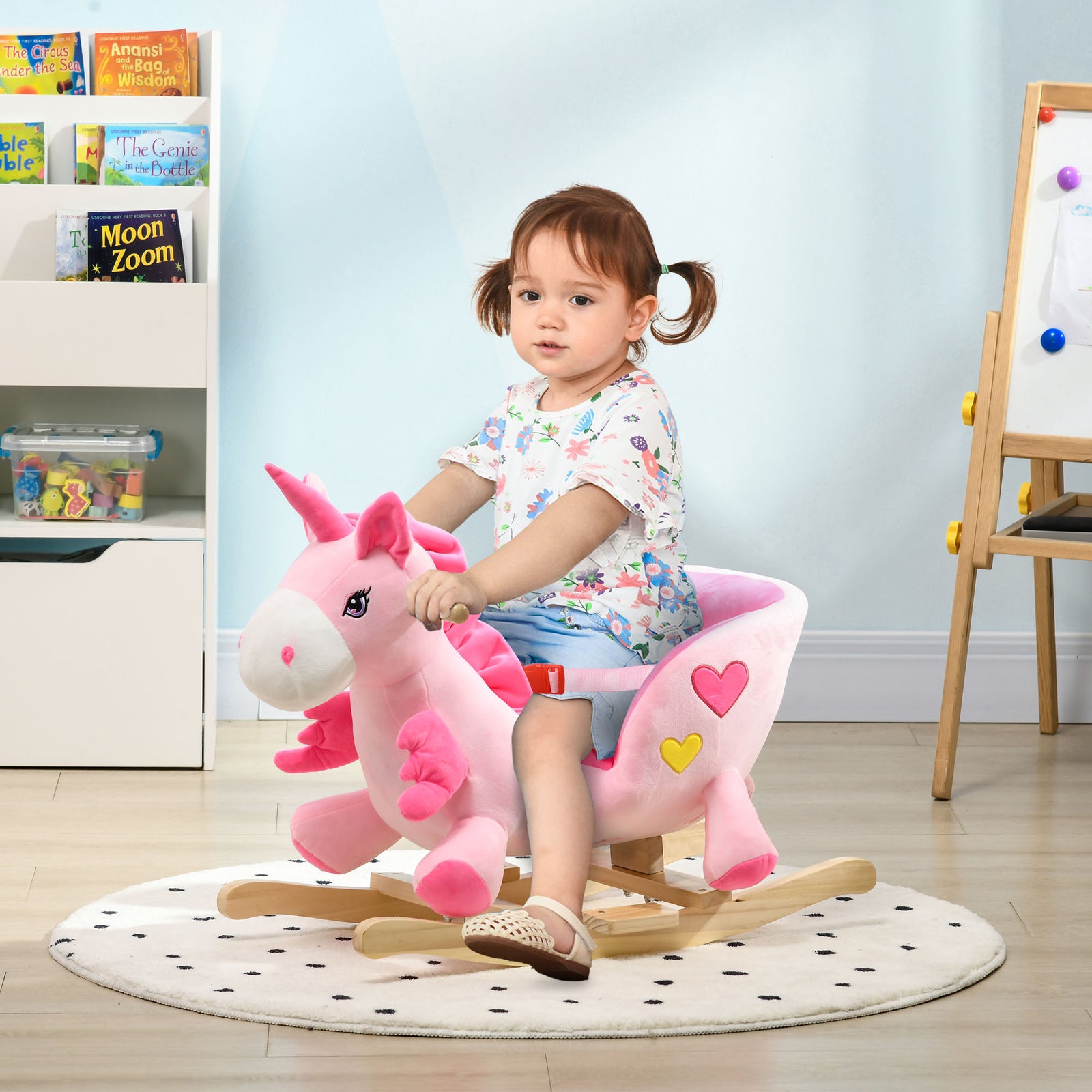 Rocking Horse Plush Ride On Unicorn With Songs, Seat Belt, Pink