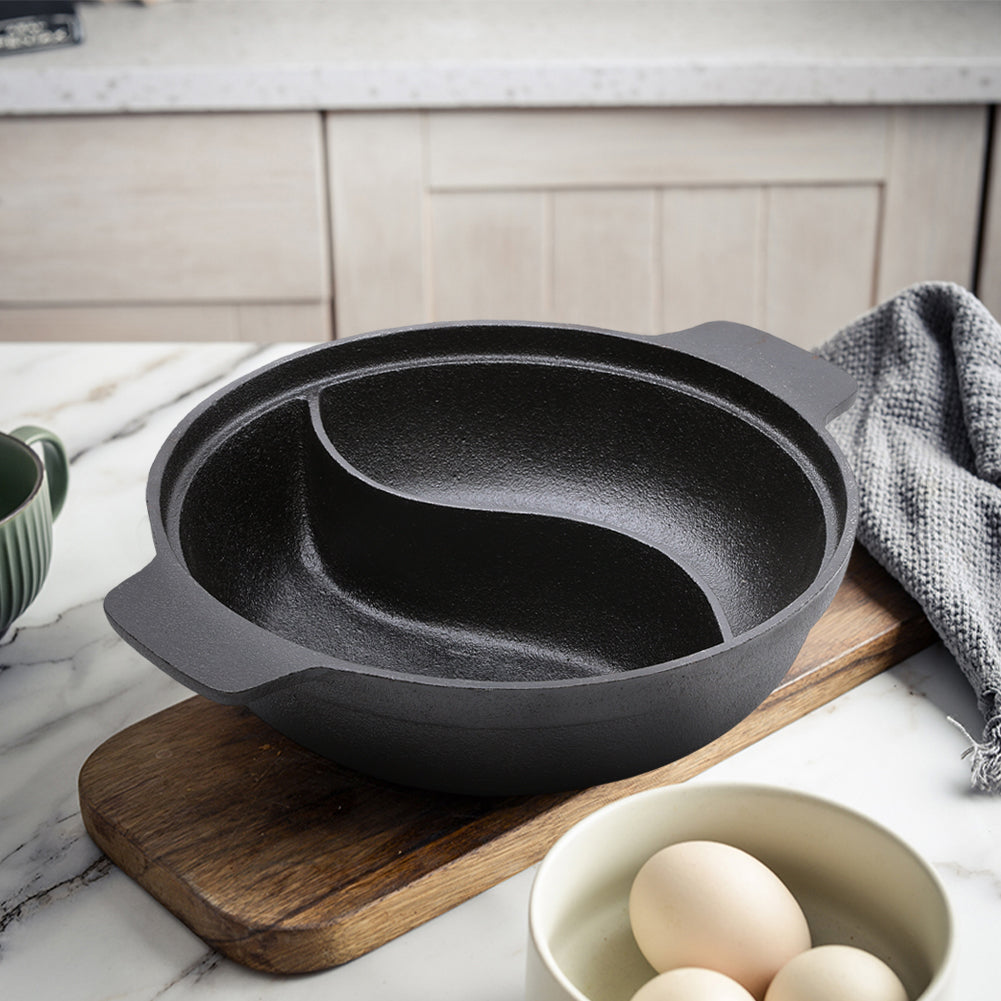 25cm Dia Black Cast Iron Hot Pot With Divider