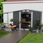 4 x 8 ft Outdoor Metal Storage Shed with Extended Roof, Sliding Doors, including Shelves &  Hooks, Garden Tool Shed