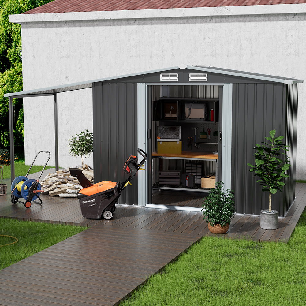 4 x 8 ft Outdoor Metal Storage Shed with Extended Roof, Sliding Doors, including Shelves &  Hooks, Garden Tool Shed