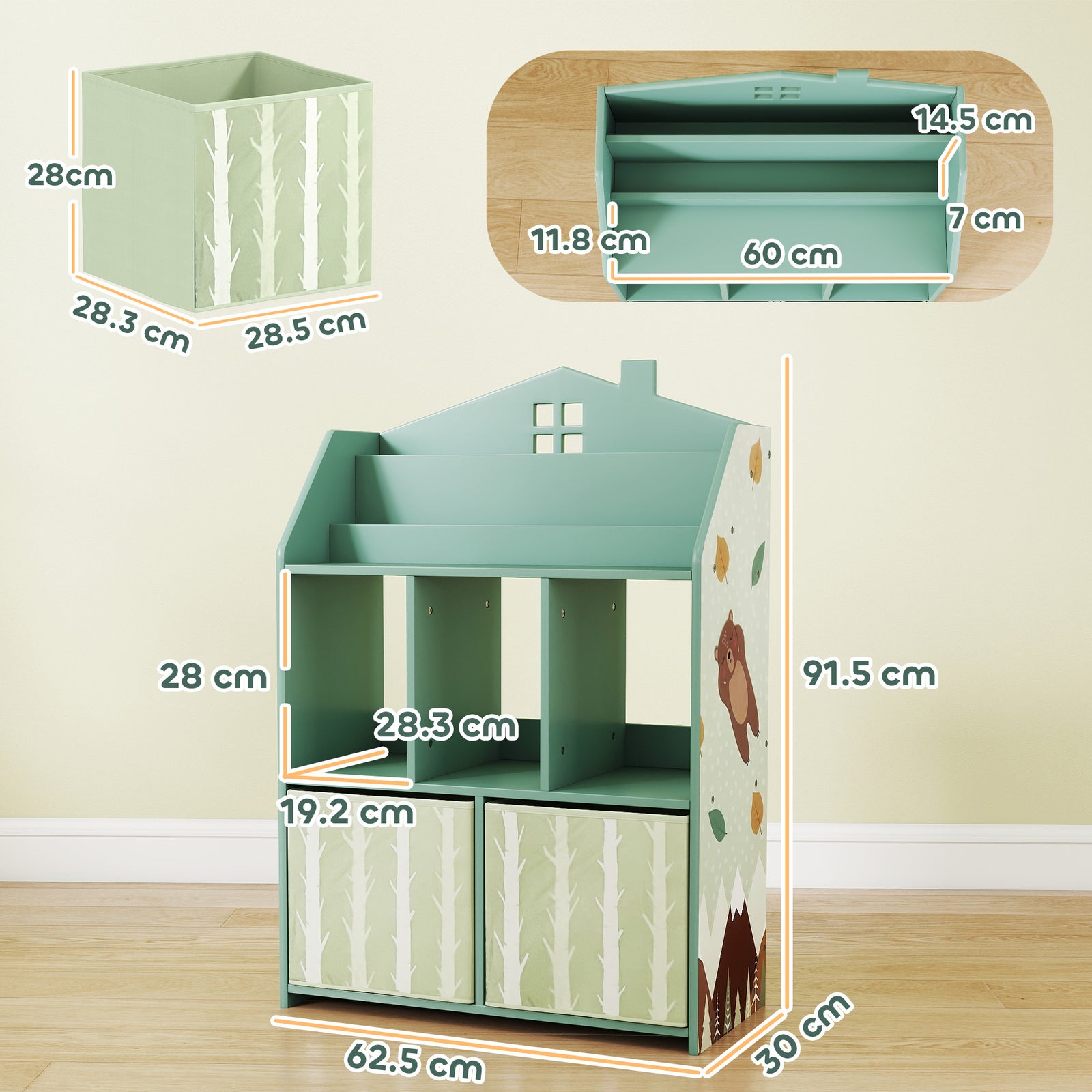 Kids Bookshelf With Storage, Toy Storage Unit For Playroom | Green