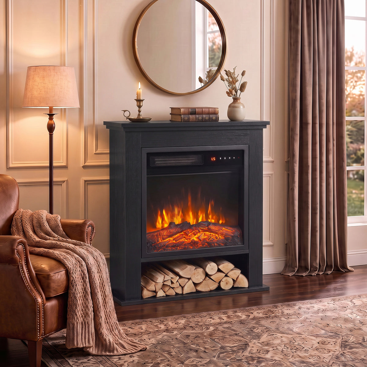 Freestanding Electric Fireplace Suite, 25" 1800w, Open Shelf | White