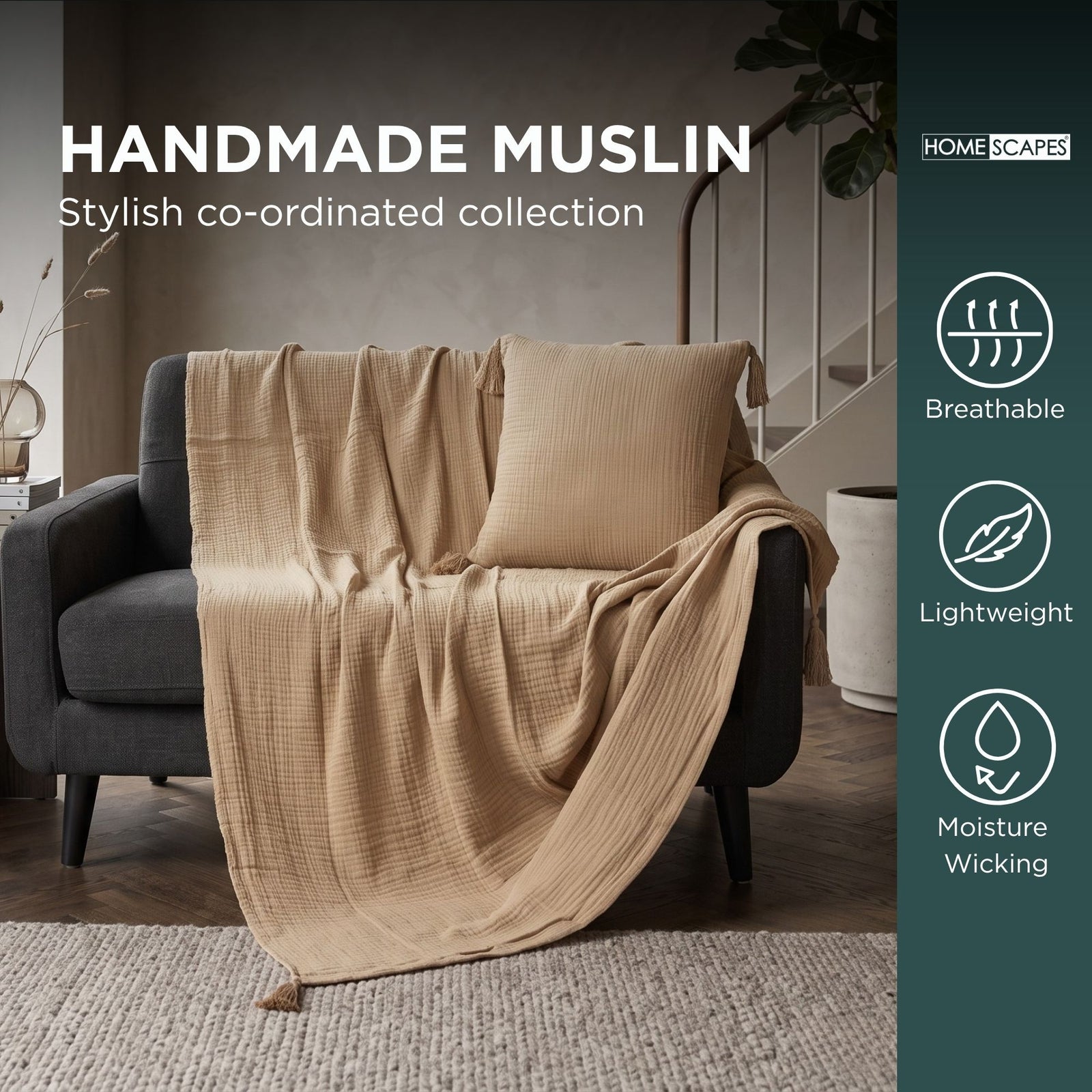 Pure Handmade Cotton Muslin Cushion With Cover | 45cm x 45cm | Beige