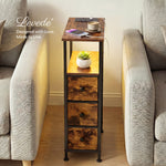 Bedside Table With Led Light Charging 3 Fabric Drawers Storage Brown | Brown
