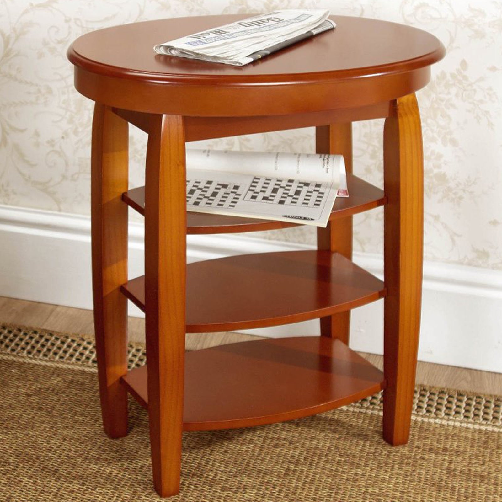 Swivel Top Side Table With Shelves Oak