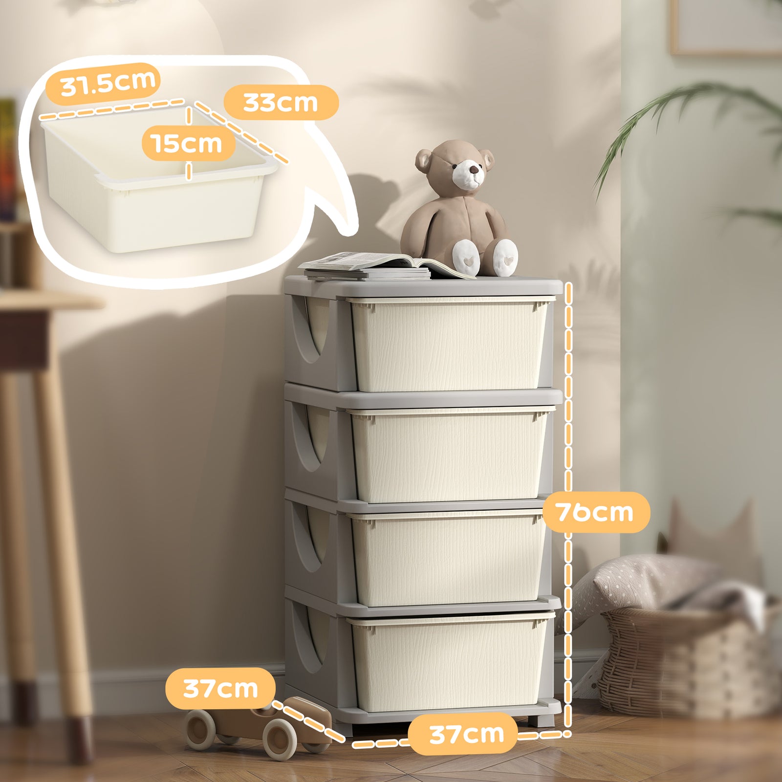 Kids Storage Units With Drawers 4 Tier Chest Dresser Tower | Cream