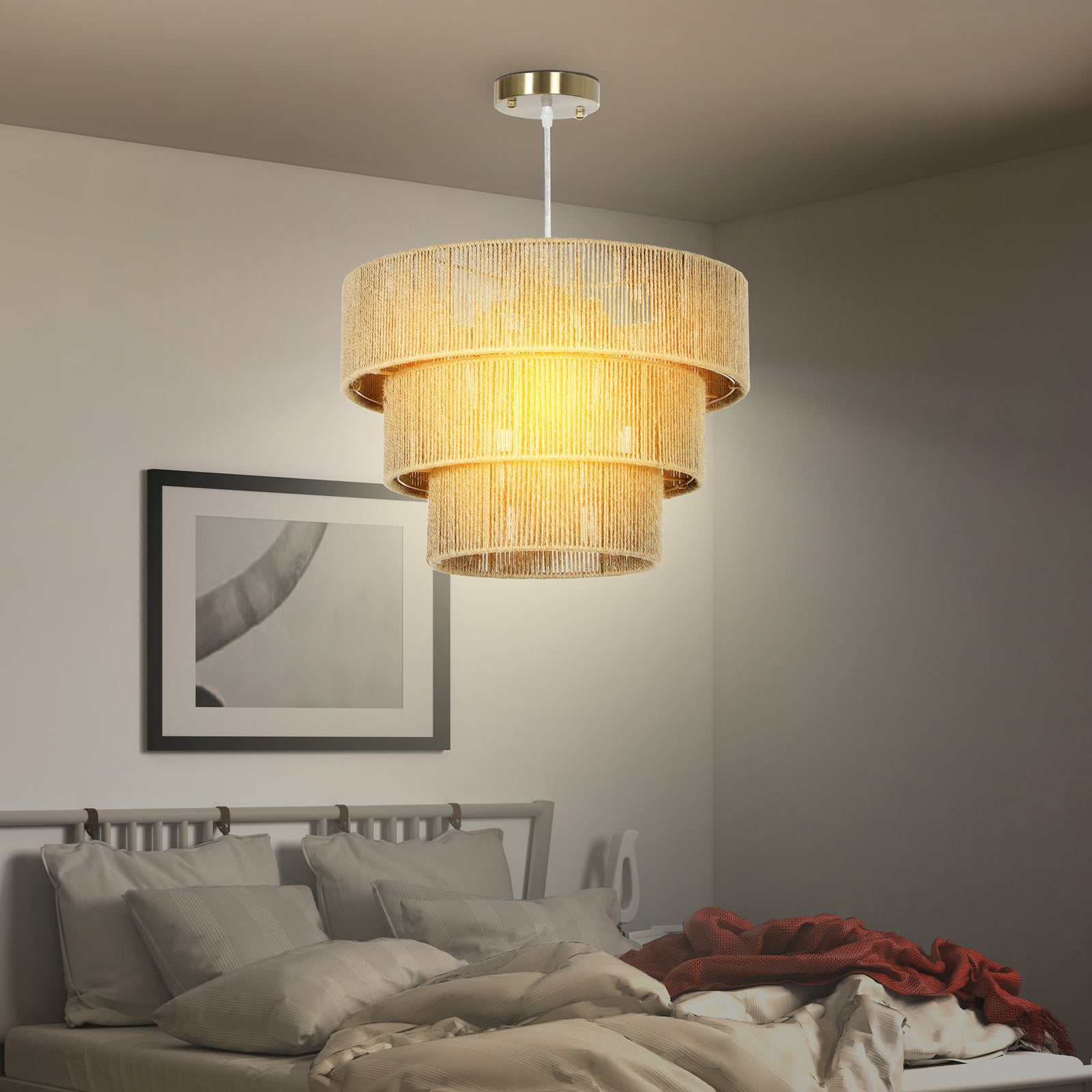 Boho Hemp Rope Pendant Light, Ceiling Light For Bedroom