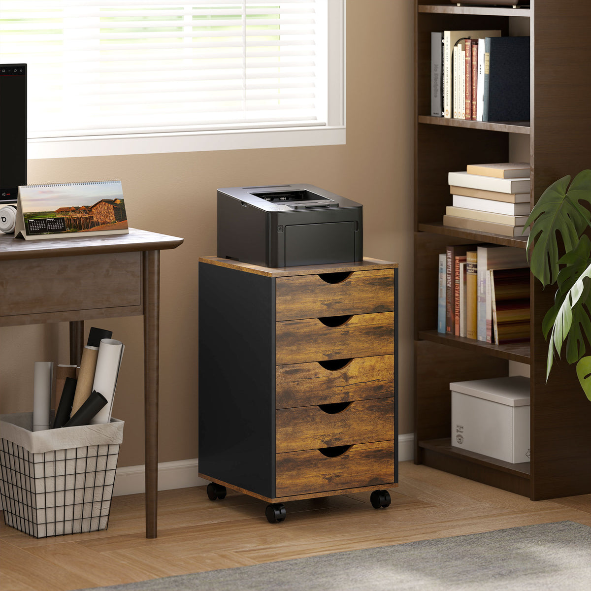 HOMCOM Filing Cabinet With 5 Drawers, Under Desk Drawer, Rustic Brown