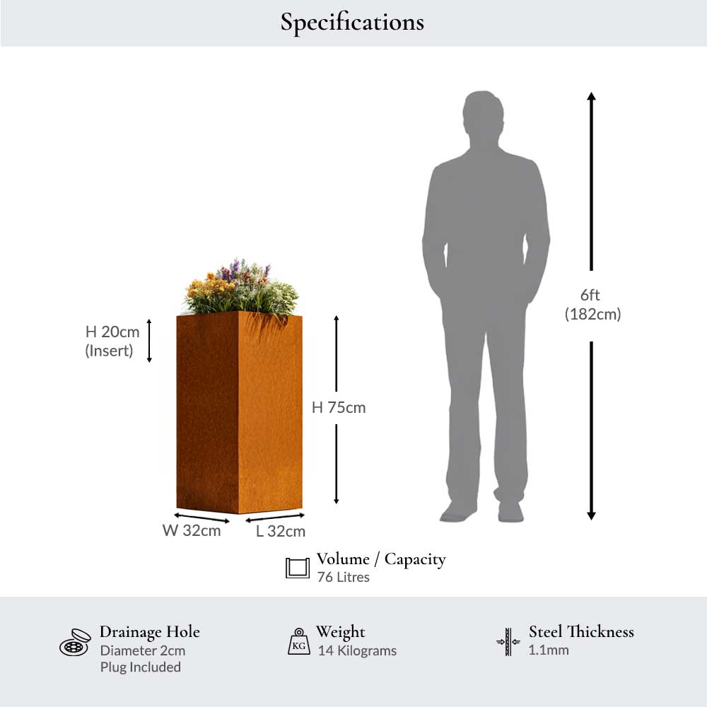 Corten Steel Tall Square Planter - Pre-rusted | 32cm x 32cm x 75cm | Brown