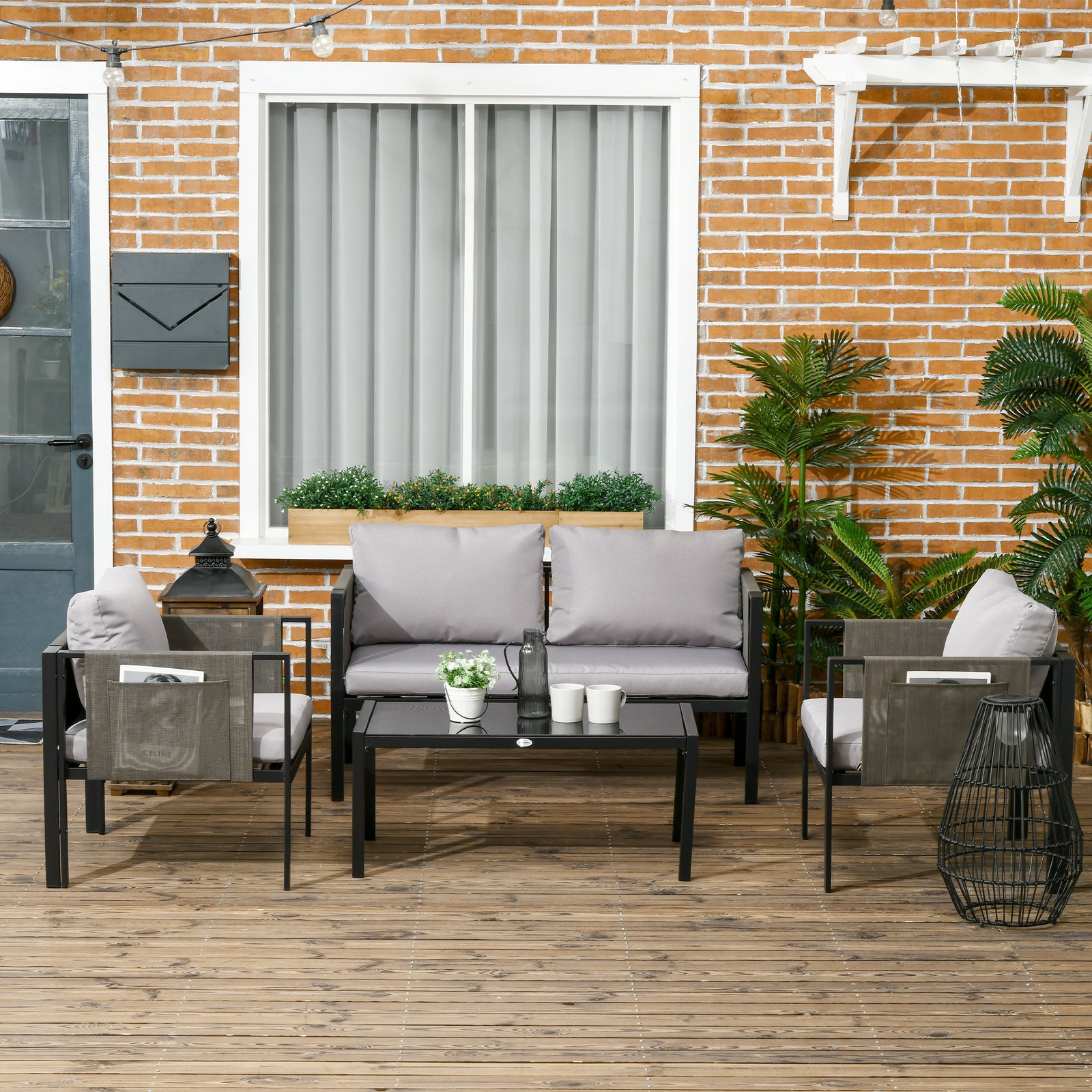 4 Piece Garden Sofa Set Tempered Glass Table