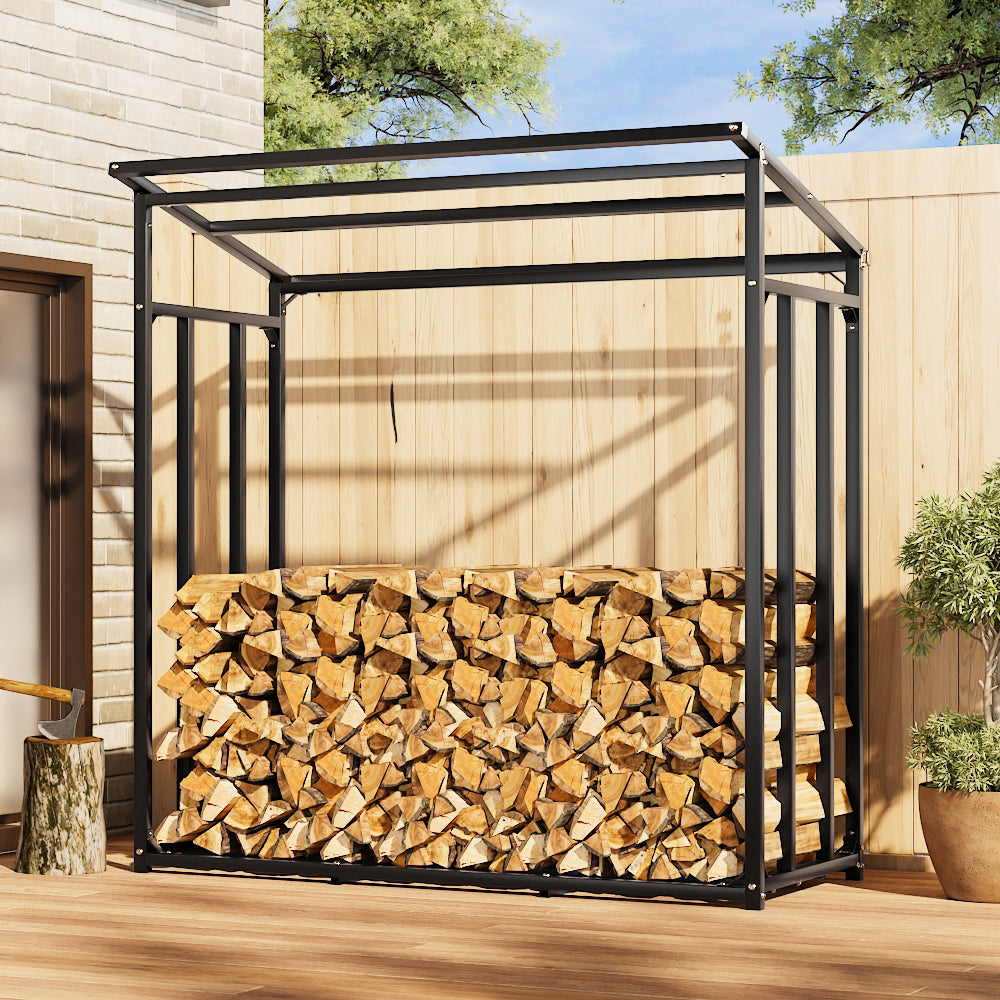 Firewood Rack With Rain Cover Outdoor Galvanised Steel Storage | Large | Black