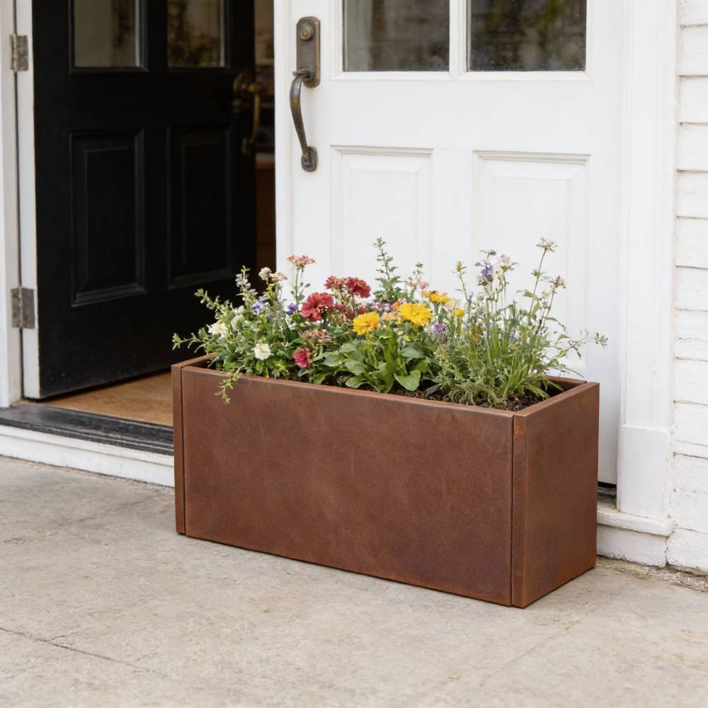 100/120cm W X 30cm D X 40cm H Rust Steel Flowerpot Outdoor Garden Weathering Metal Planter Box, Steel Planter With Drainage Hole | Small