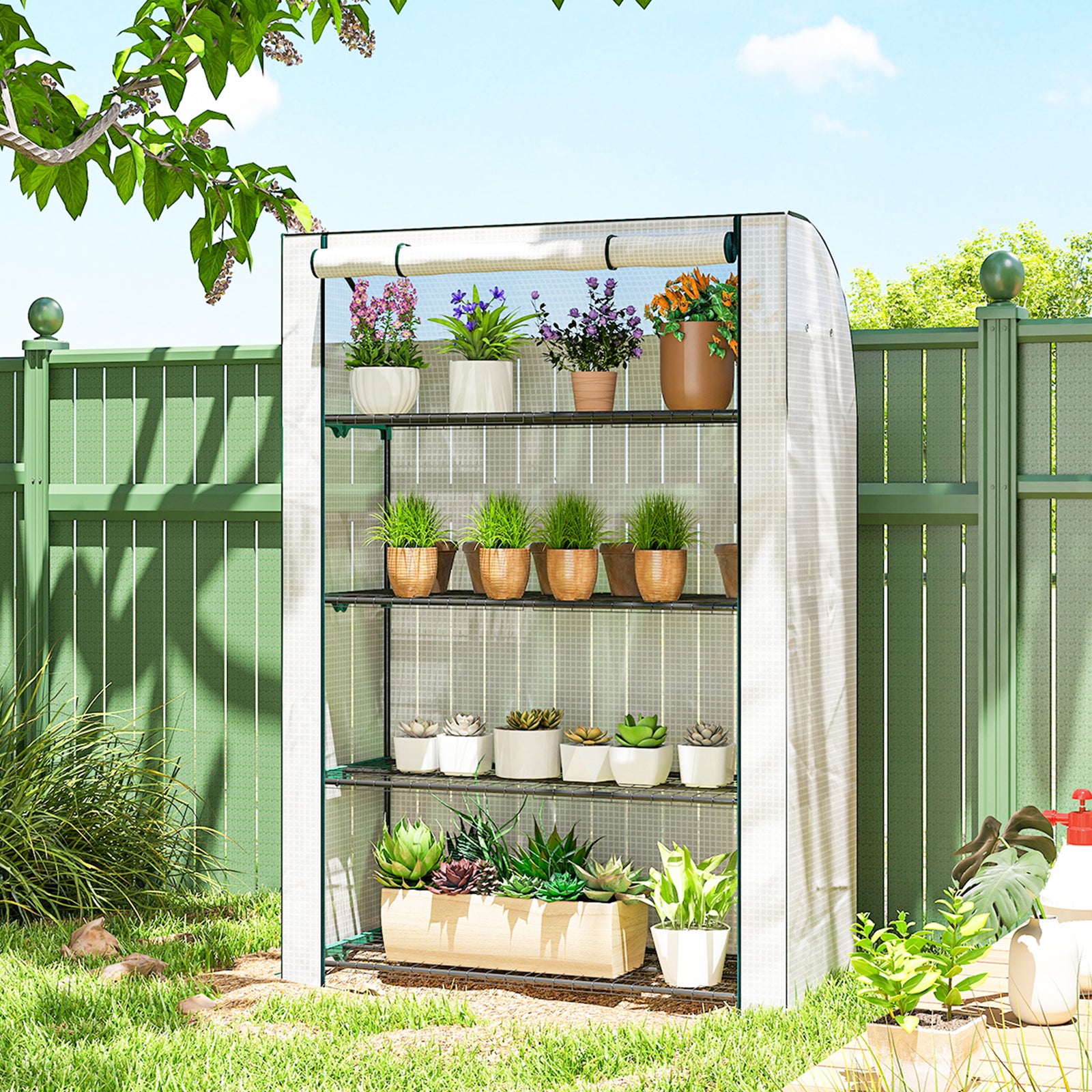 Mini Greenhouse Indoor Outdoor Green House With Pe Cover, White