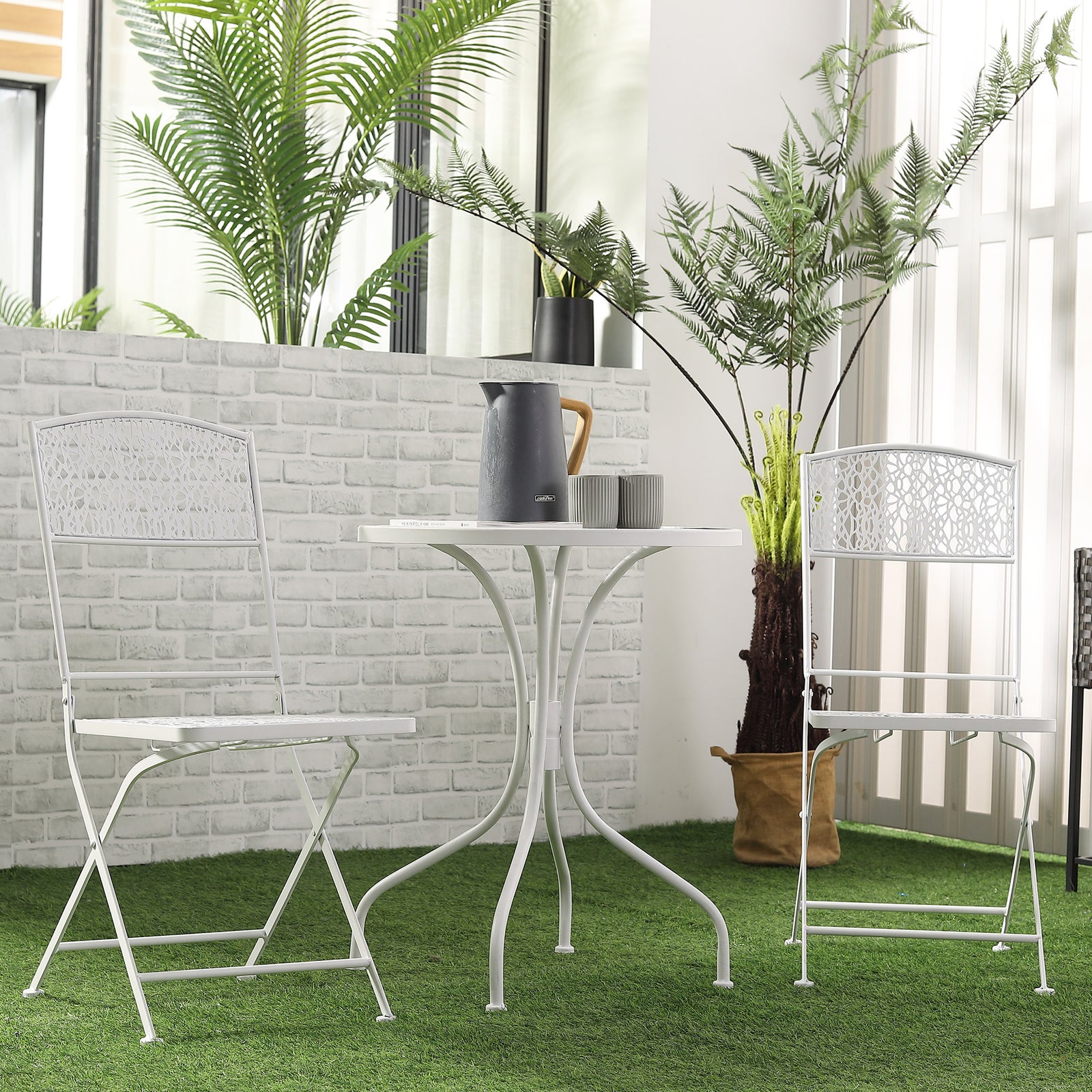 Garden Bistro Set For 2 With Folding Chairs And Round Table