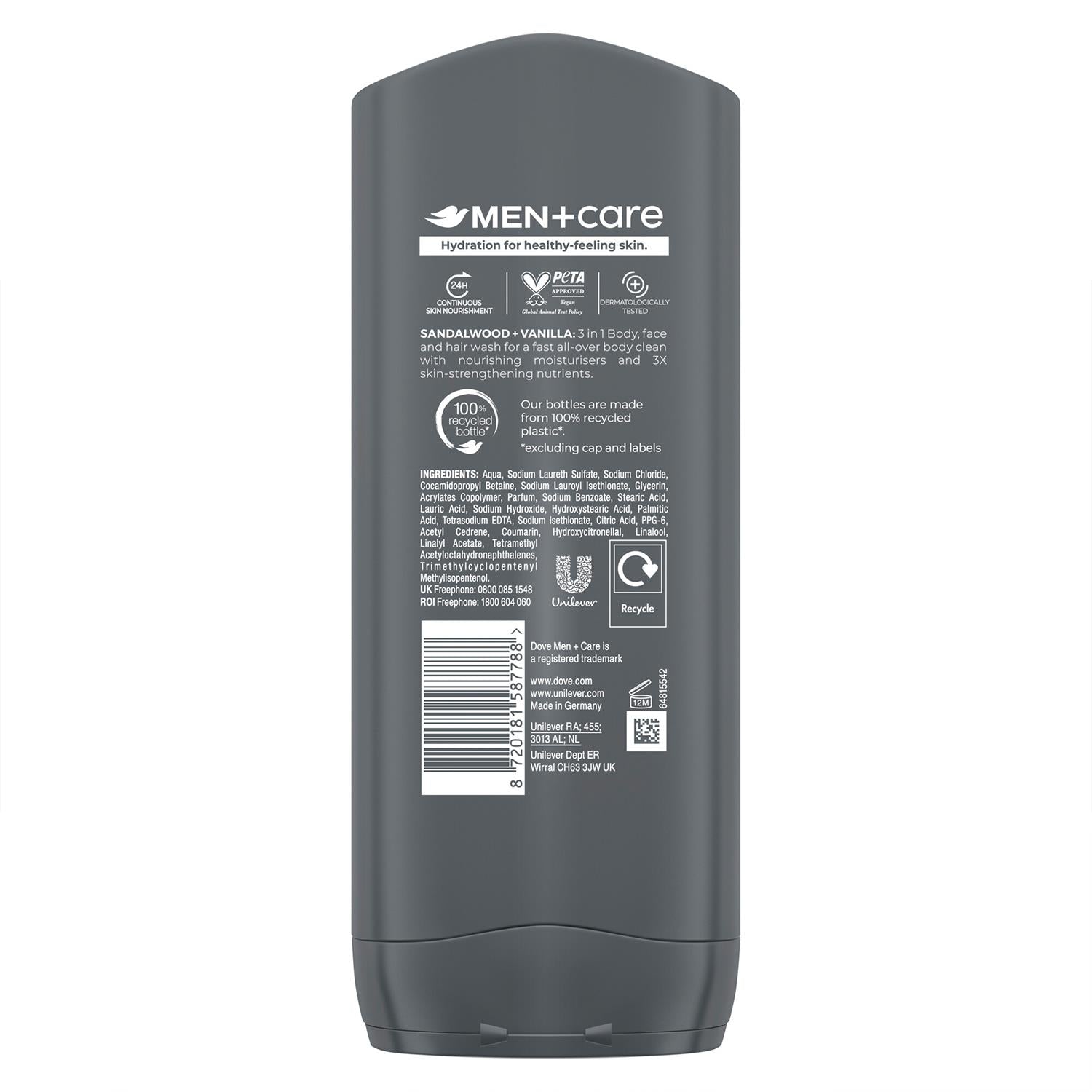 Men+care 3 In 1 Body, Face & Hair Wash Sandalwood + Vanilla 400ml, 6 Pack | Set-of-6