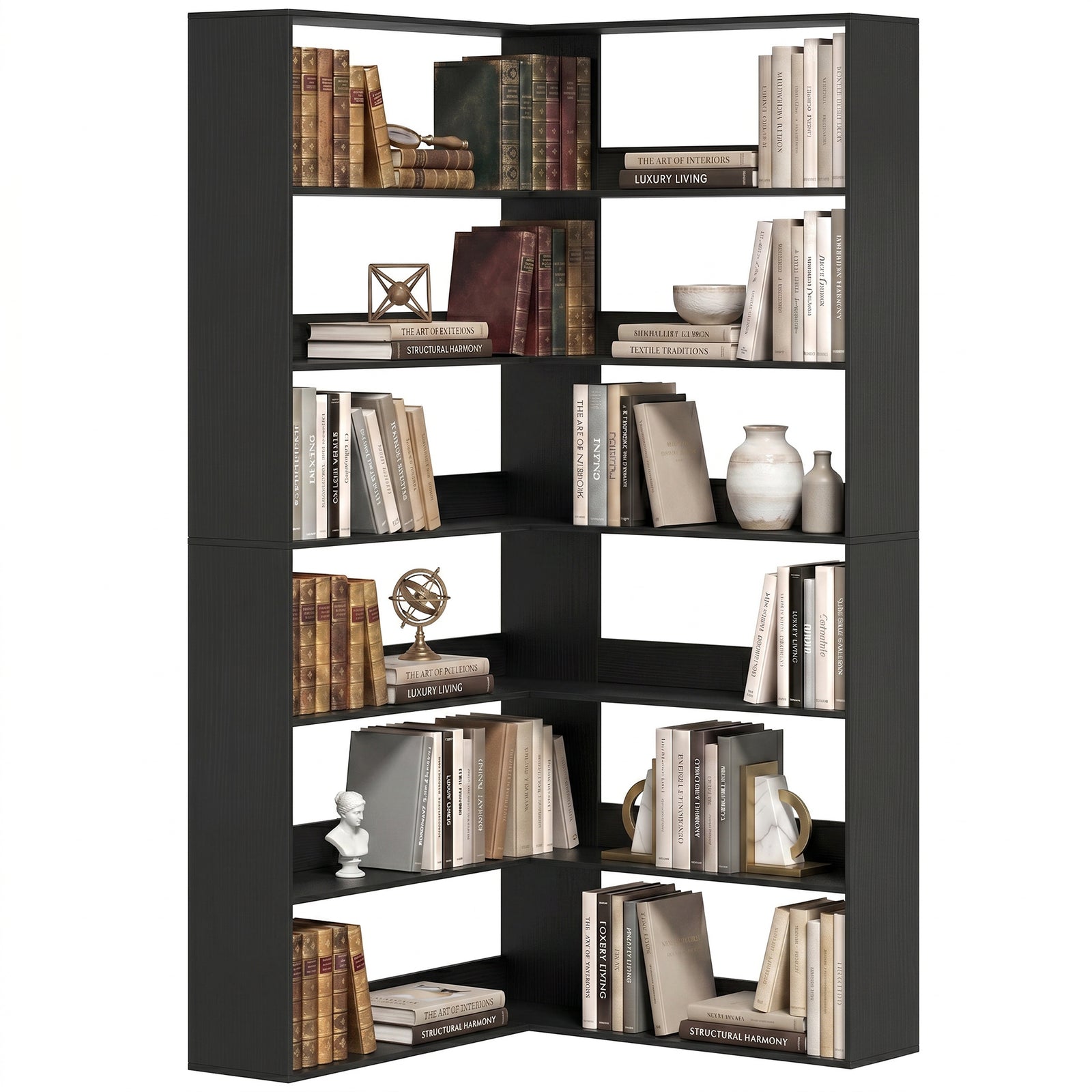 7 Tiers Corner Bookshelf, L-shaped | Black