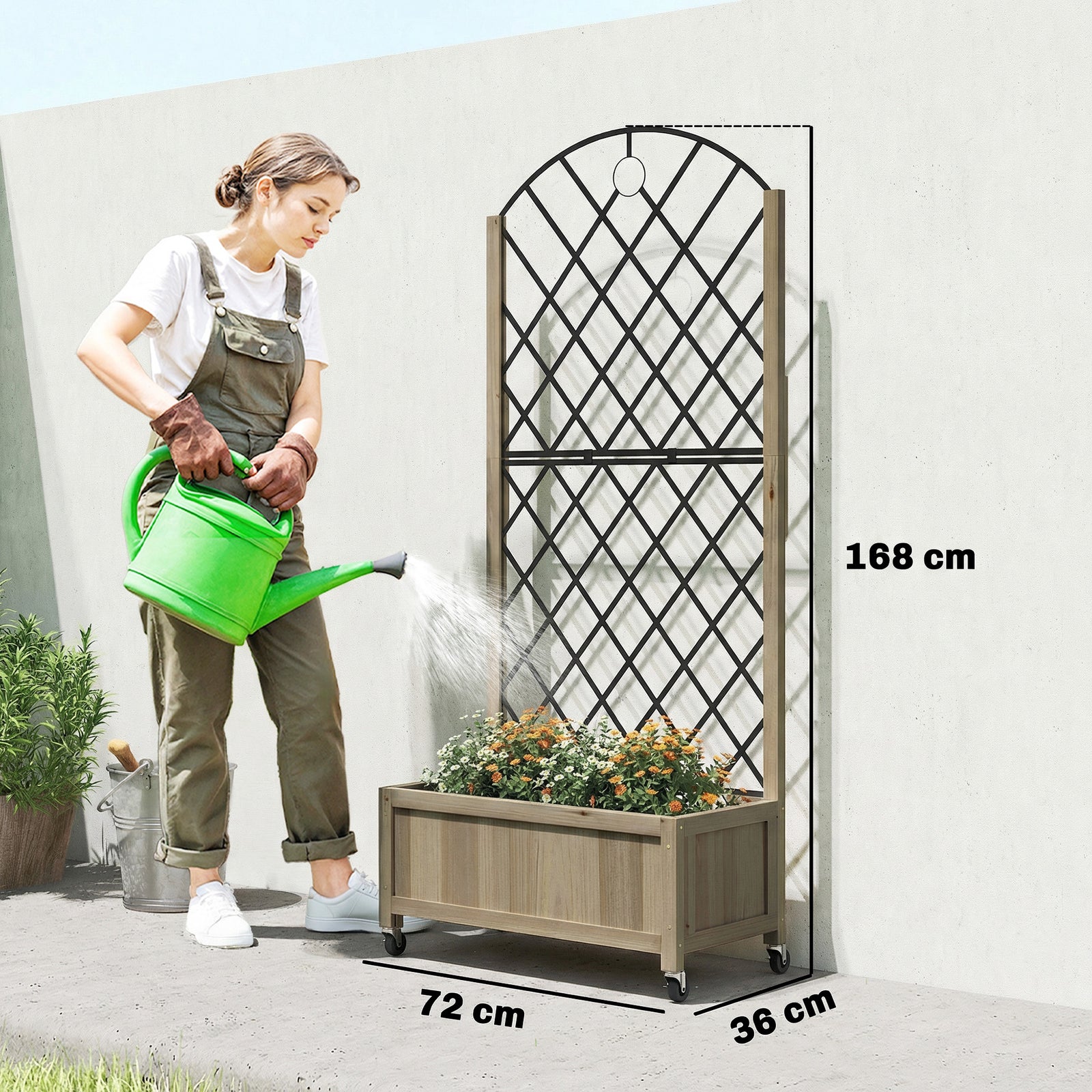 Garden Bed W/metal Trellis, Wooden Elevated Planter Box | Dark Brown