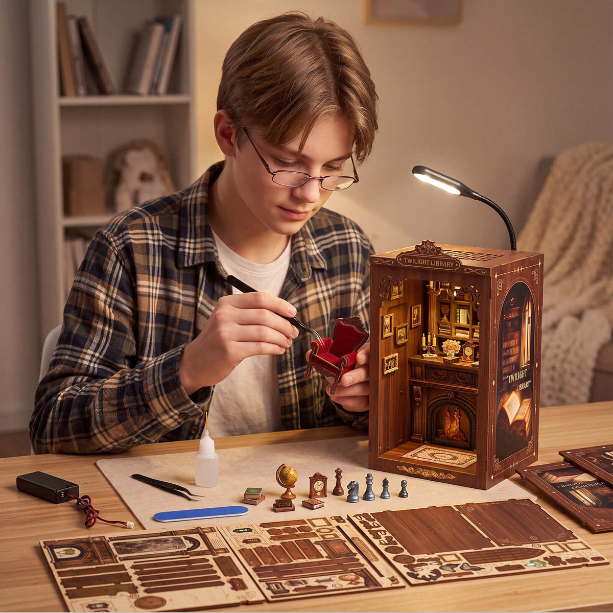 Book Nook Kit For Adults Wooden Miniature Bookstore With Led Walnut