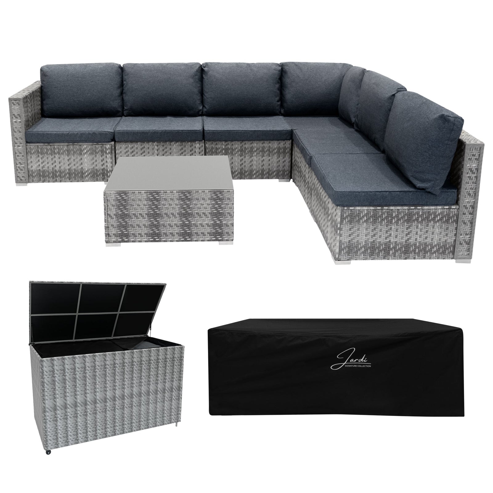 Rattan Modular 7 Piece Furniture Set & 700l Storage Box | Grey