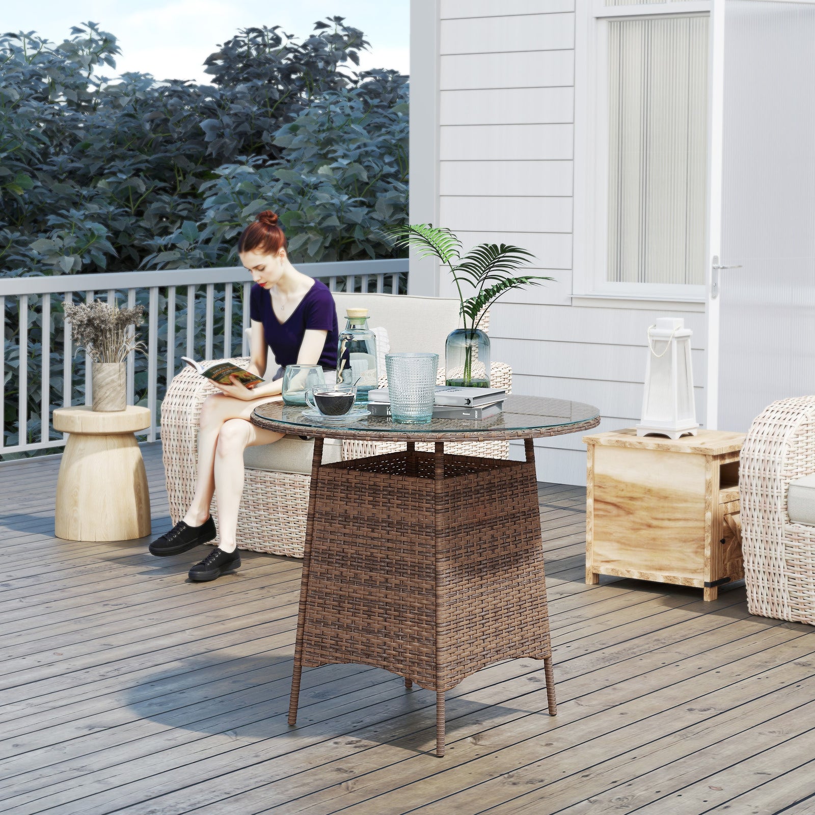 Patio Furniture Rattan Garden Table W/ Umbrella Hole | Brown