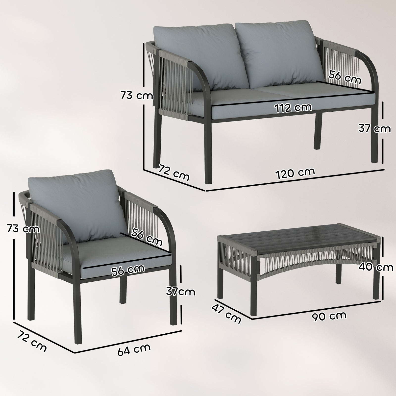 4 Piece Rattan Garden Furniture Set W/ Steel Frame, Cushions, Grey
